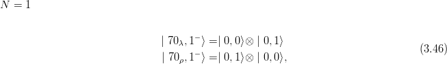N  = 1


                                | 70 λ,1− ⟩ =| 0,0⟩⊗ | 0, 1⟩
                                | 70 ,1− ⟩ =| 0,1⟩⊗ | 0, 0⟩,                        (3.46)
                                    ρ
