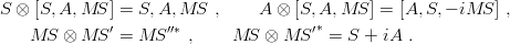 S ⊗ [S,A, MS  ] = S, A,MS  ,    A ⊗  [S, A,MS  ] = [A, S,− iMS ] ,
    MS  ⊗ MS  ′ = MS ′′∗ ,    MS  ⊗ MS  ′∗ = S + iA  .

